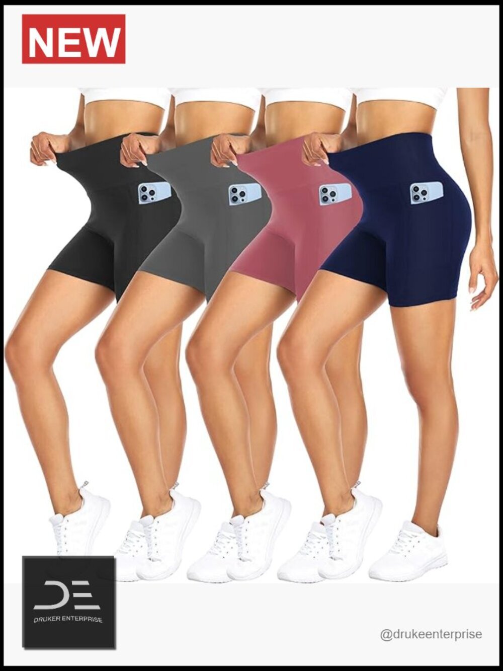 5" High Waisted Biker Shorts with Pockets – 4 Pack